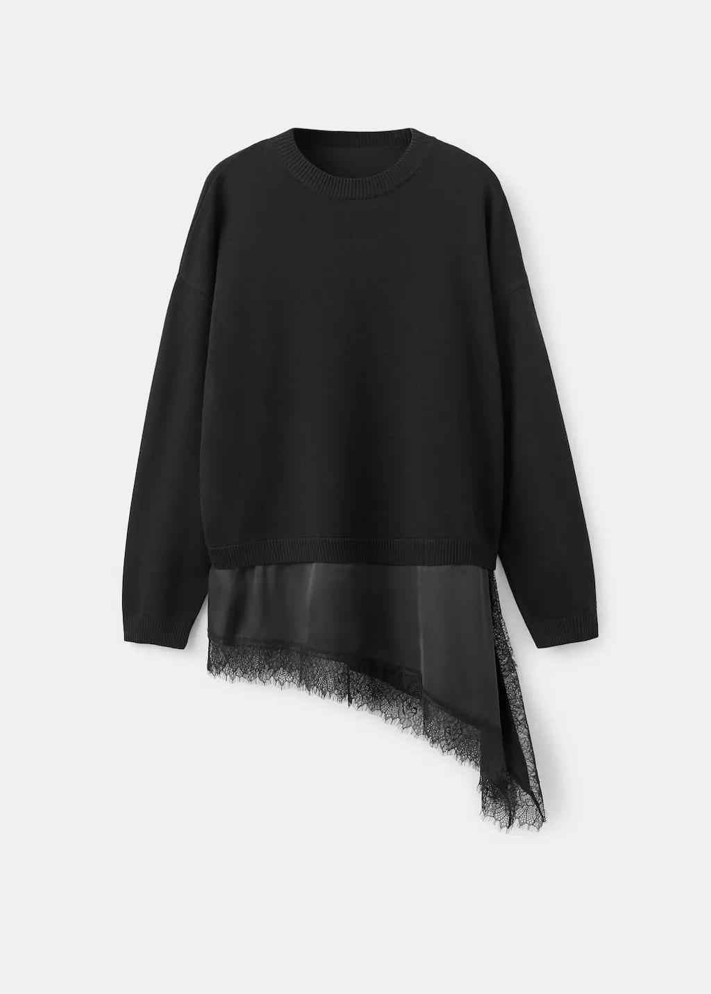 Black Long Sweater With Lace Combination, Black, large image number 6
