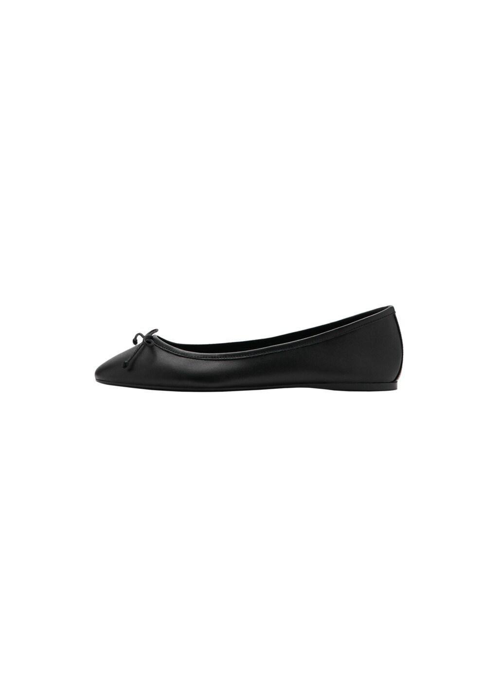 Black Leather Ballet Flats With Bow, Black, large image number 3