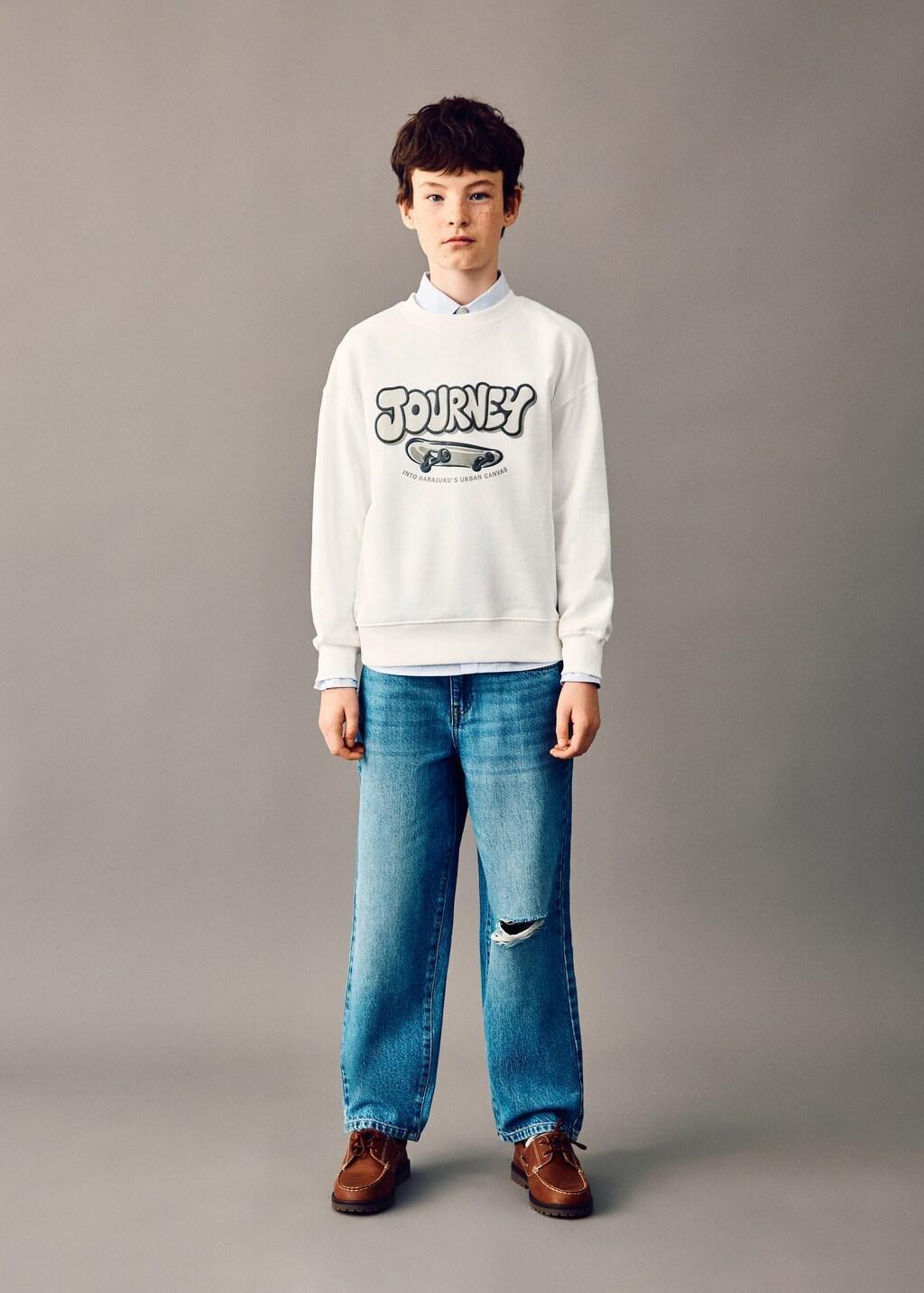 White Printed Cotton Sweatshirt, Kids Boys, Natural White, large image number 0