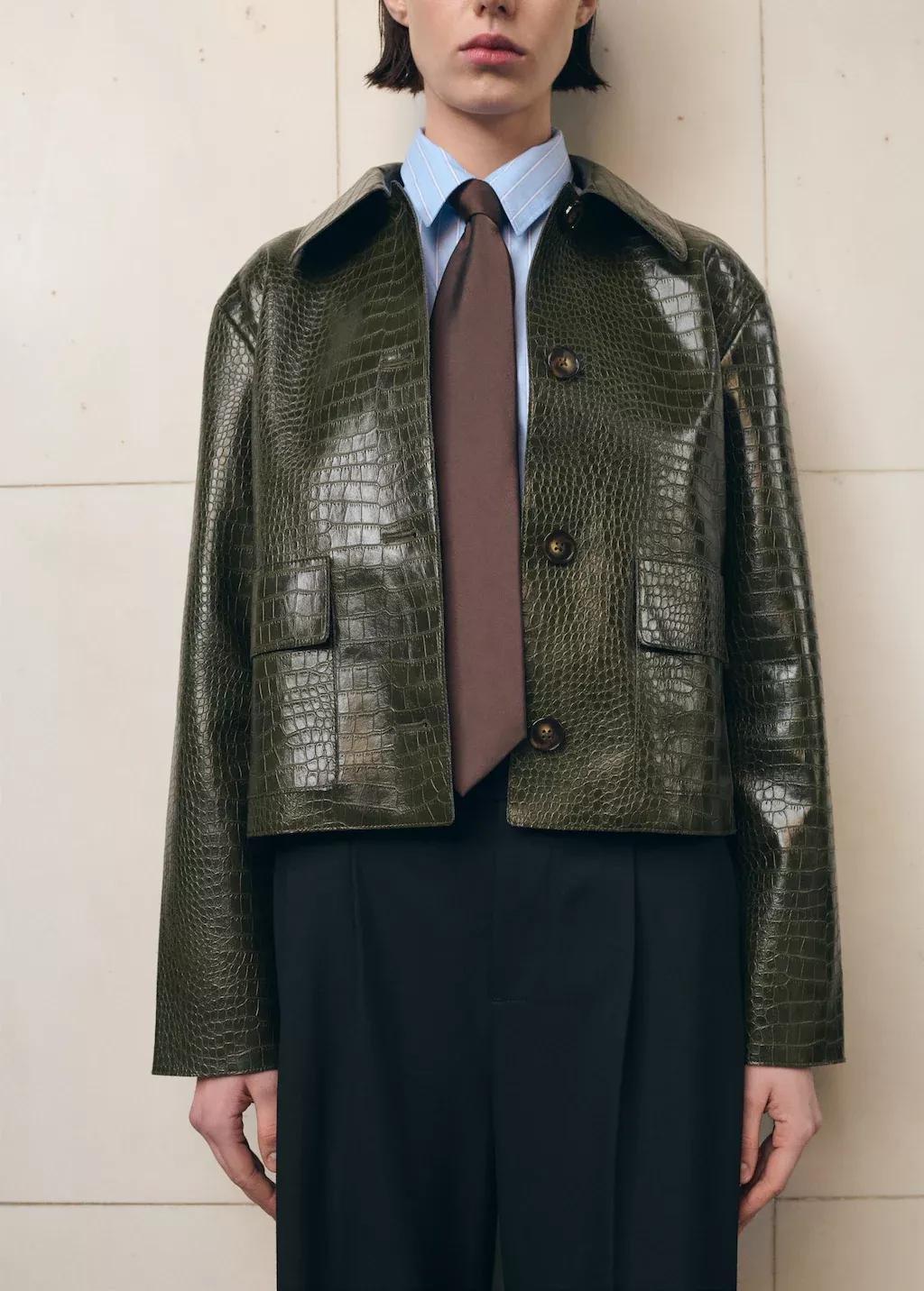 Khaki Croc-Effect Faux Leather Jacket, Beige - Khaki, large image number 3