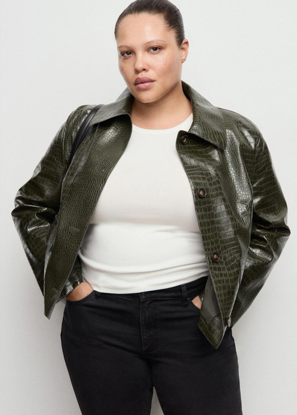 Khaki Croc-Effect Faux Leather Jacket, Beige - Khaki, large image number 5