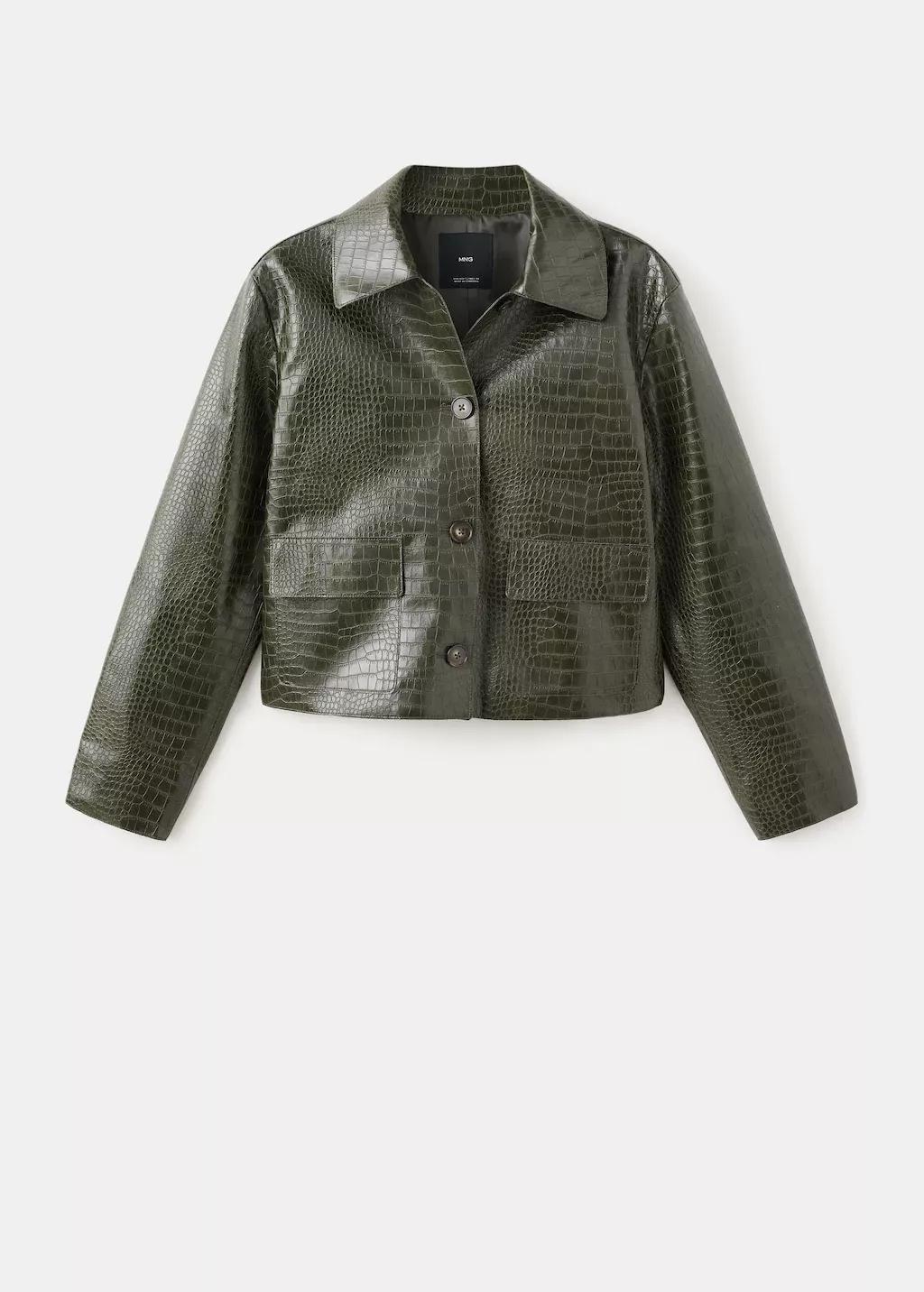 Khaki Croc-Effect Faux Leather Jacket, Beige - Khaki, large image number 7