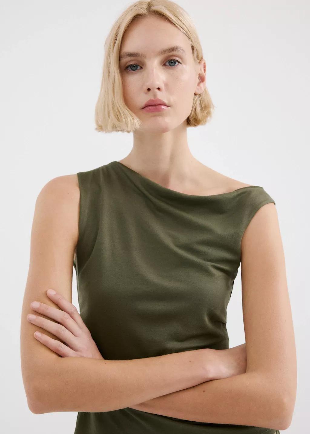 Khaki Asymmetrical Top With Draped Neckline, 0201_37, large image number 3