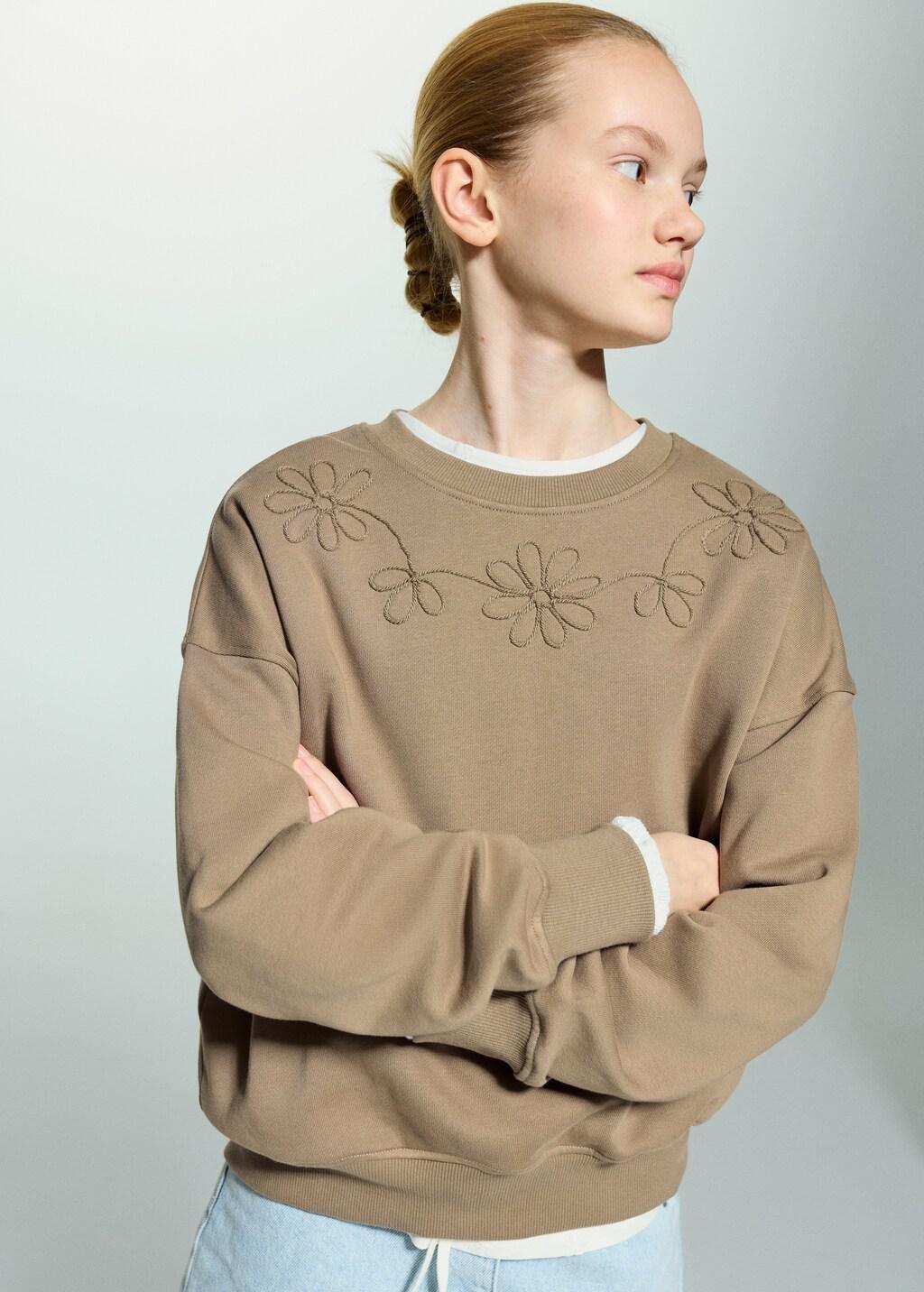 Brown Embroidered Detail Cotton Sweatshirt, Kids Girl, Brown, large image number 2