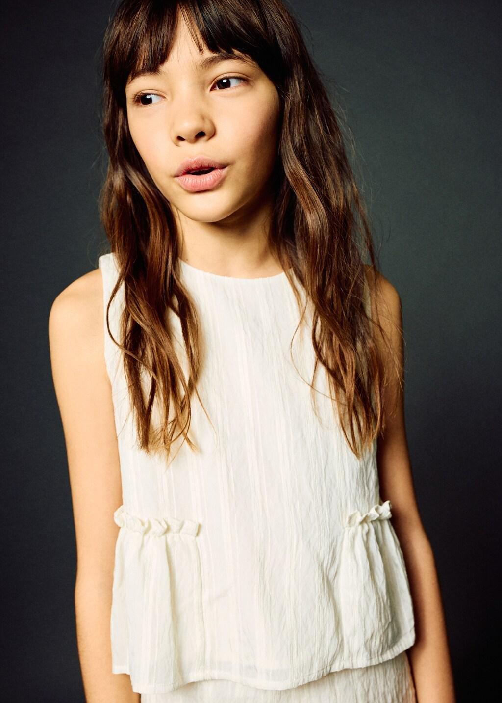 Beige Ruffled Cotton Blouse, Kids Girls, Light Beige, large image number 3