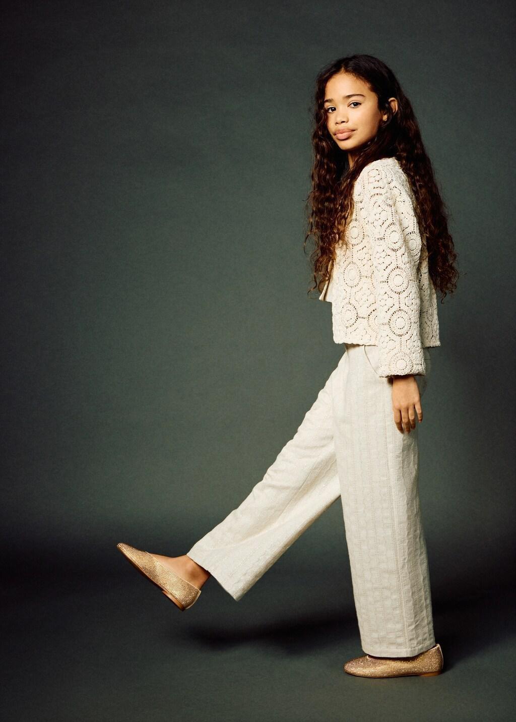 Beige Embroidered Wide Leg Trousers , Kids Girls, Light Beige, large image number 0