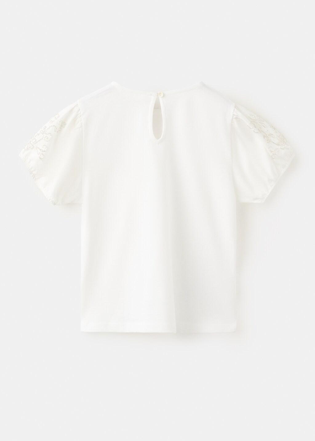 White Strass Cotton T-Shirt, Kids Girl, Natural White, large image number 0