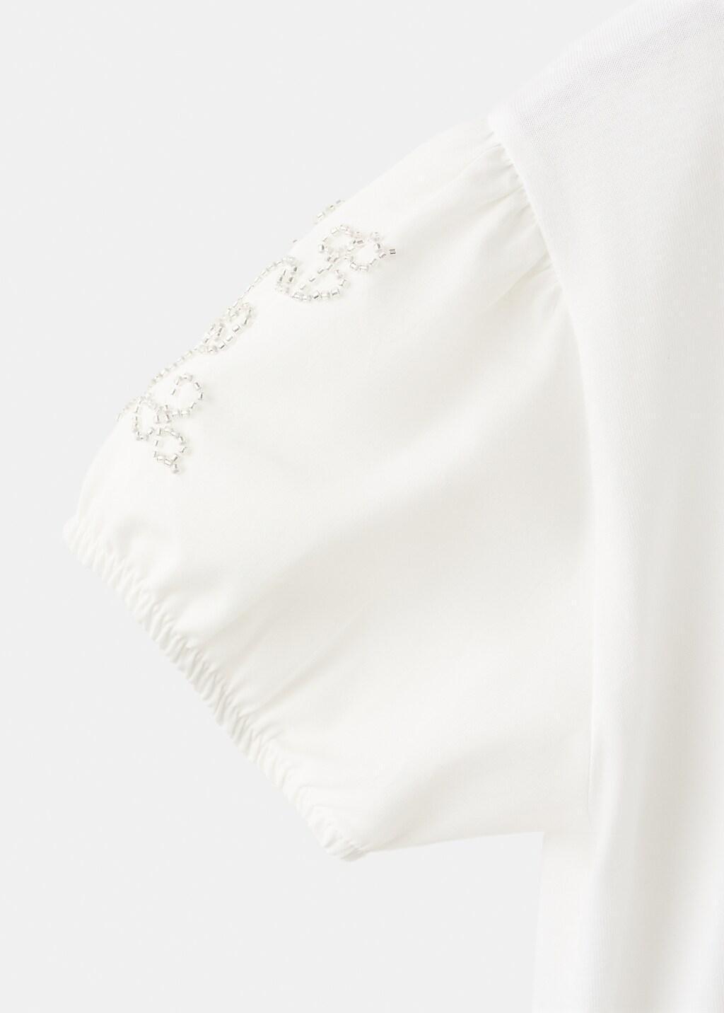 White Strass Cotton T-Shirt, Kids Girl, Natural White, large image number 5