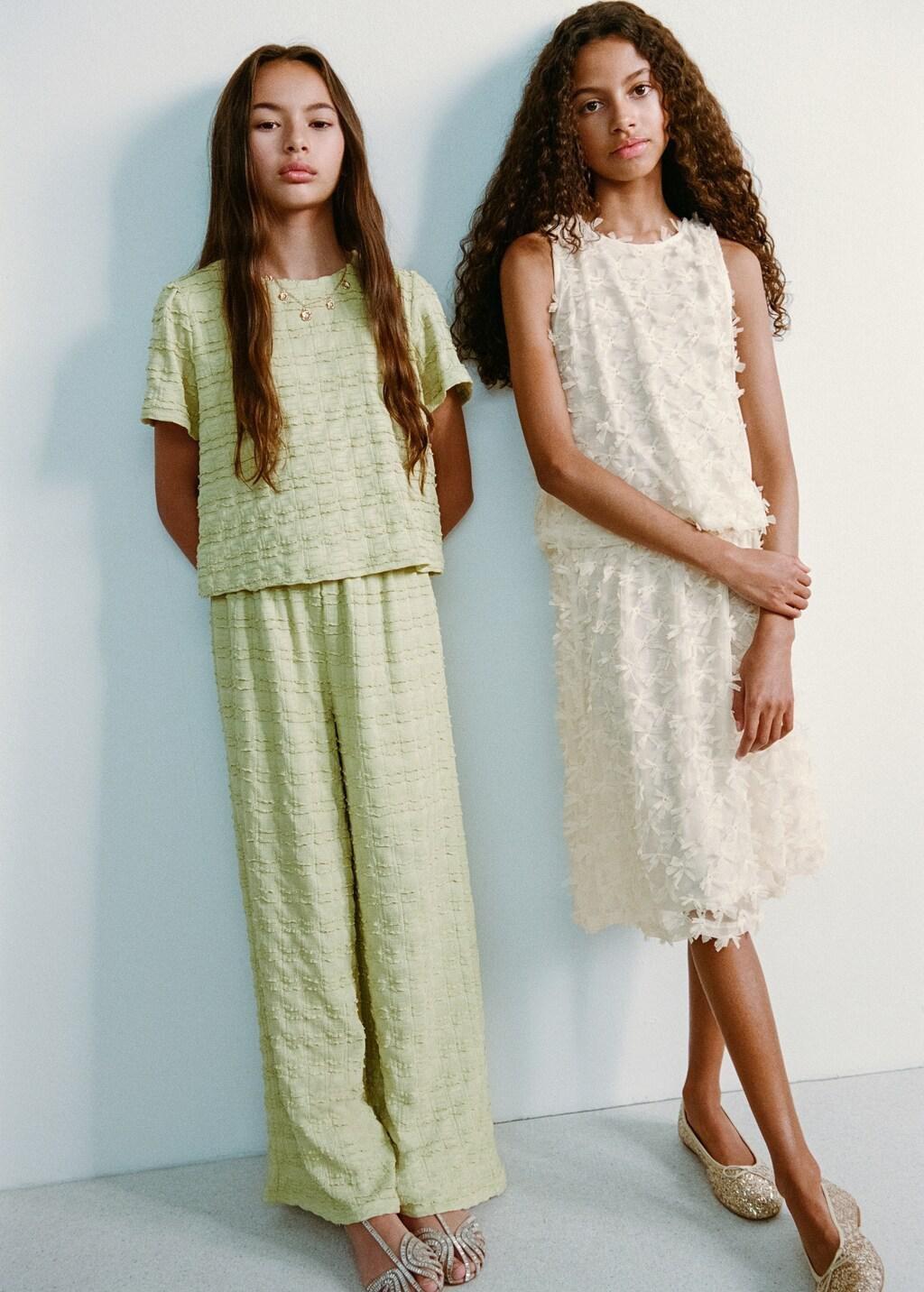 Yellow Textured Flowy Trousers, Kids Girl, Bright Yellow, large image number 3