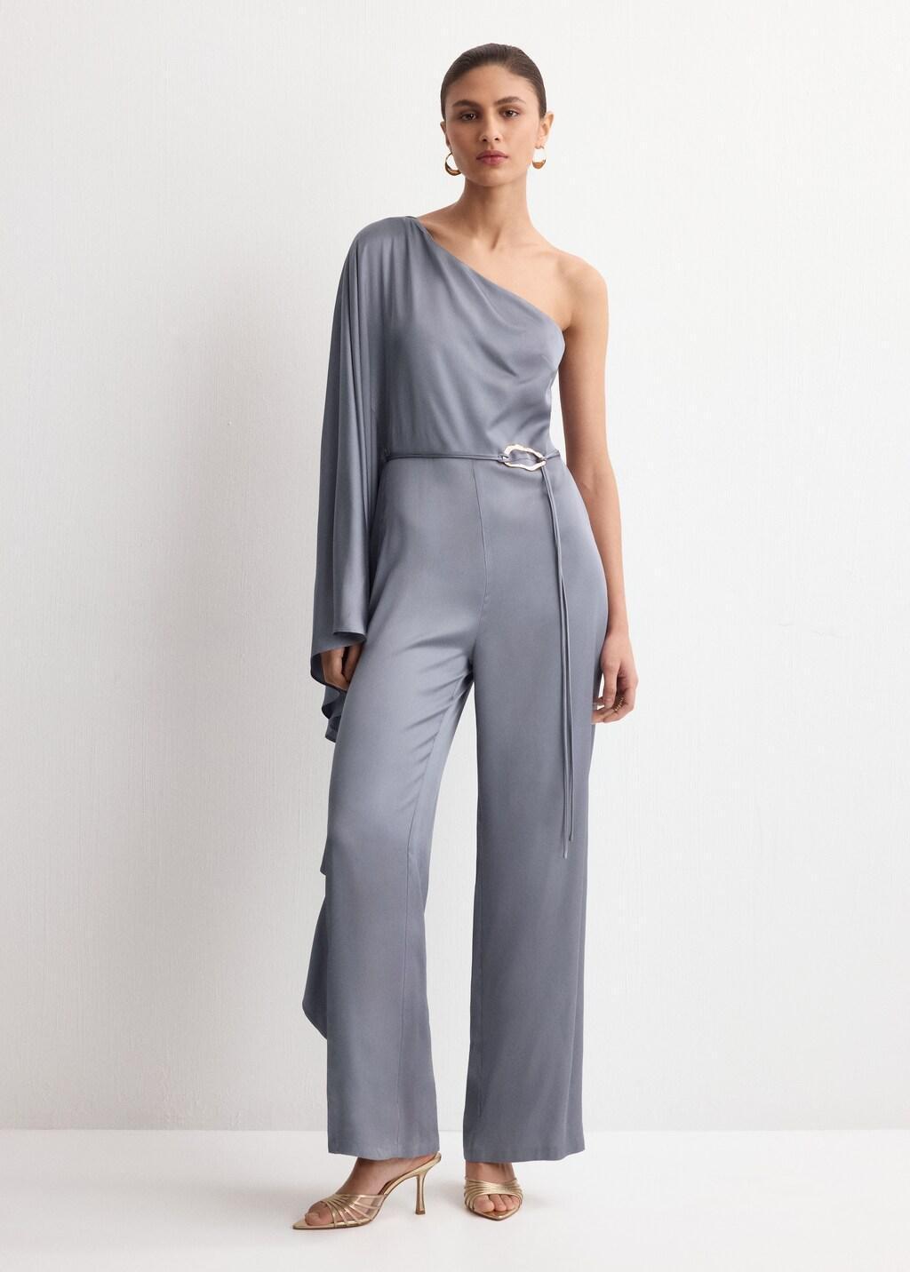Blue Asymmetrical Flared-Sleeve Jumpsuit, Medium Blue, medium