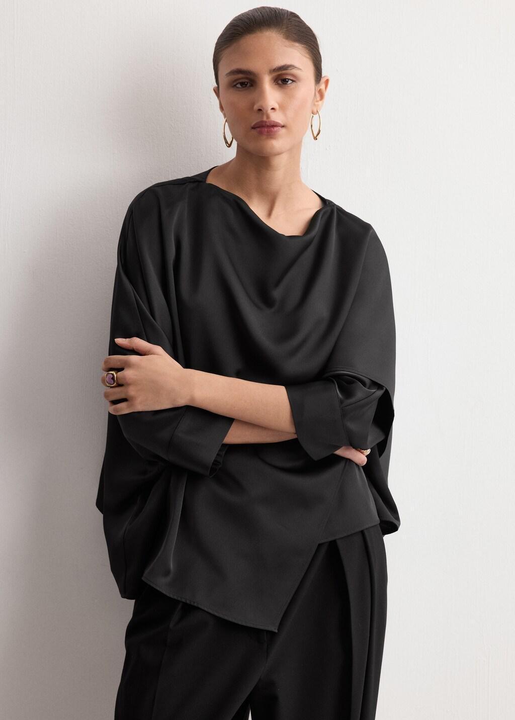 Black Ruched Satin Blouse, Black, large image number 3