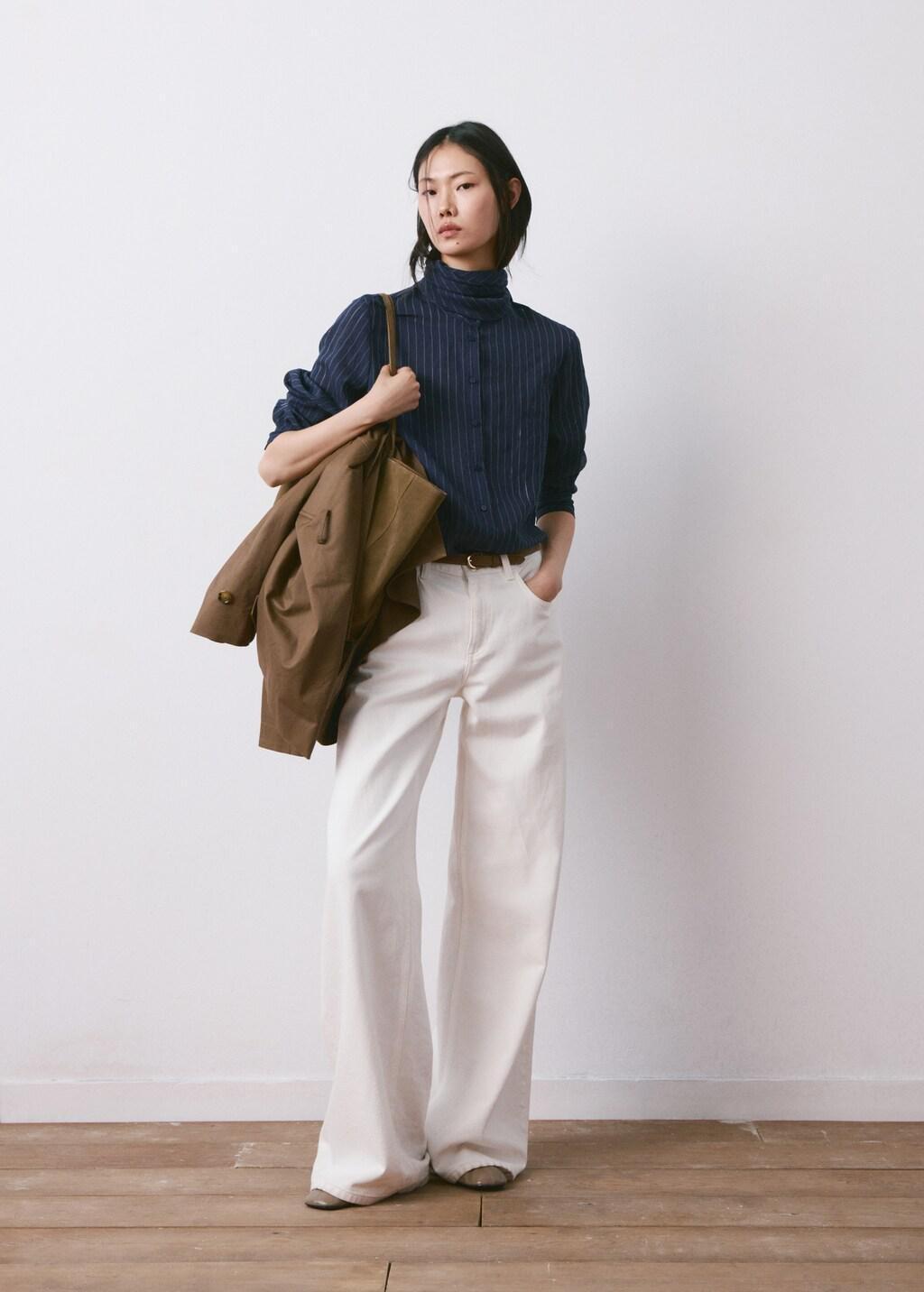 Navy Striped Blouse With Bow Tie Neck, Navy, large image number 0