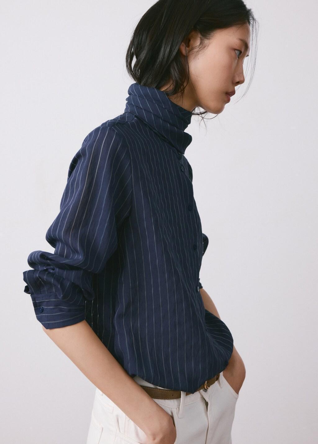Navy Striped Blouse With Bow Tie Neck, Navy, large image number 3
