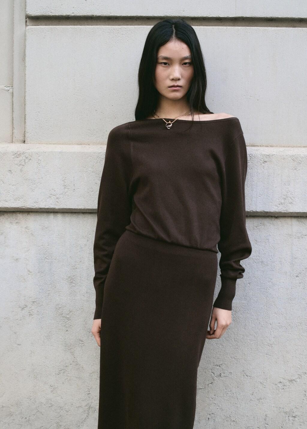 Brown Fine-Knit Flared Dress, Dark Brown, large image number 3