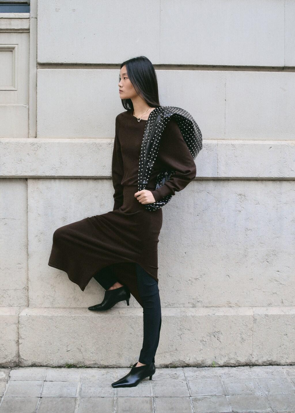 Brown Fine-Knit Flared Dress, Dark Brown, large image number 4