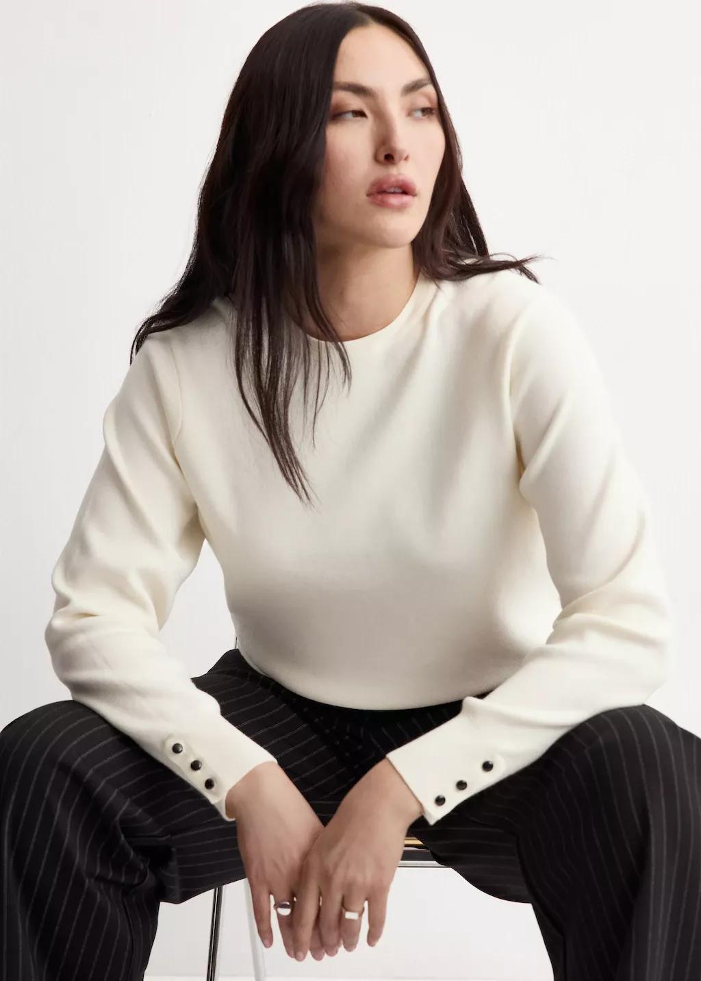 Beige Buttoned Cuffs Sweater, Light Beige, large image number 5