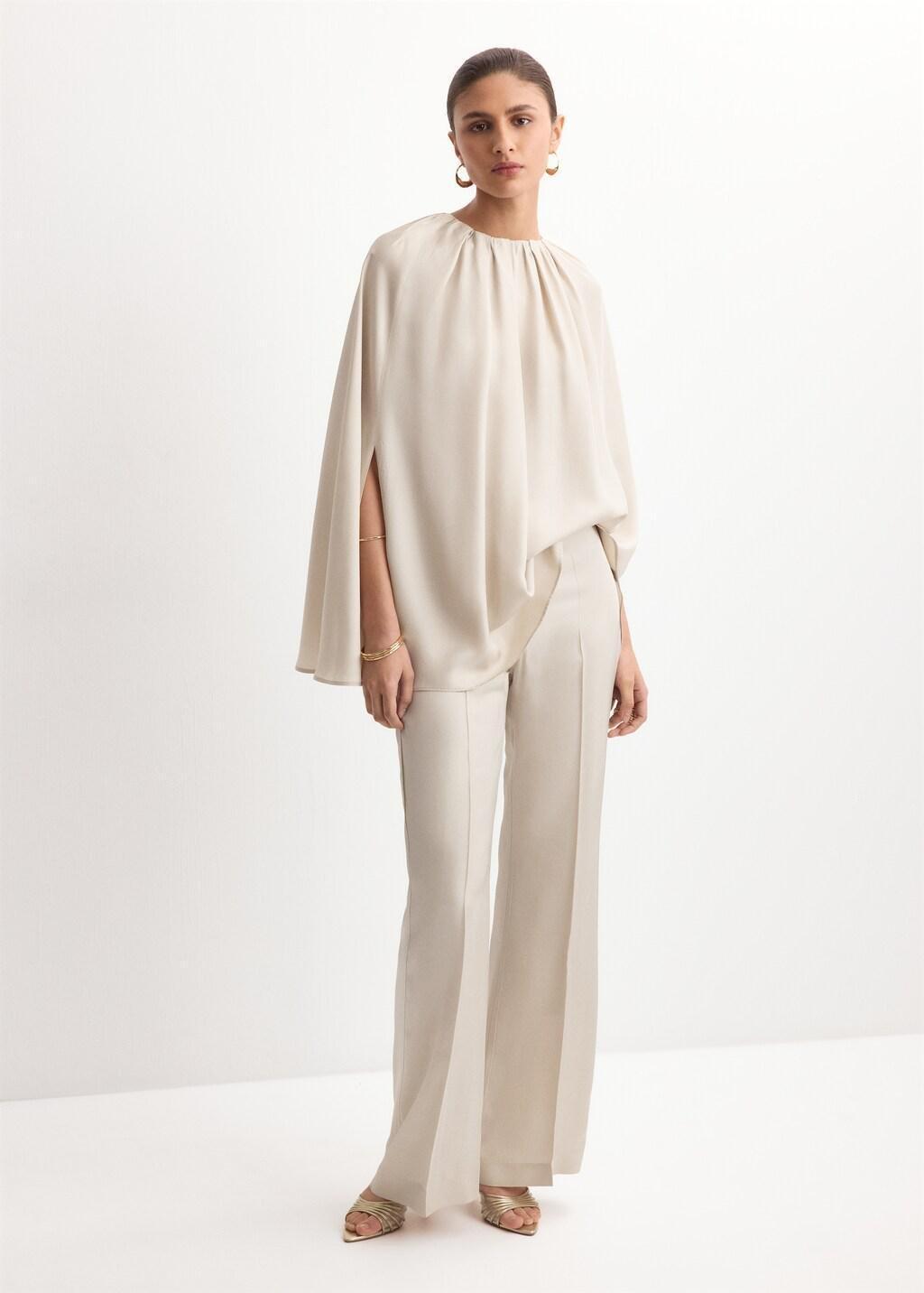 Grey Lt Pastel Blouse With Slits And Ruched Neckline, Light Pastel Grey, large image number 0