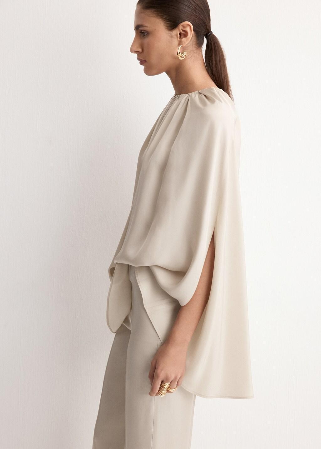 Grey Lt Pastel Blouse With Slits And Ruched Neckline, Light Pastel Grey, large image number 3