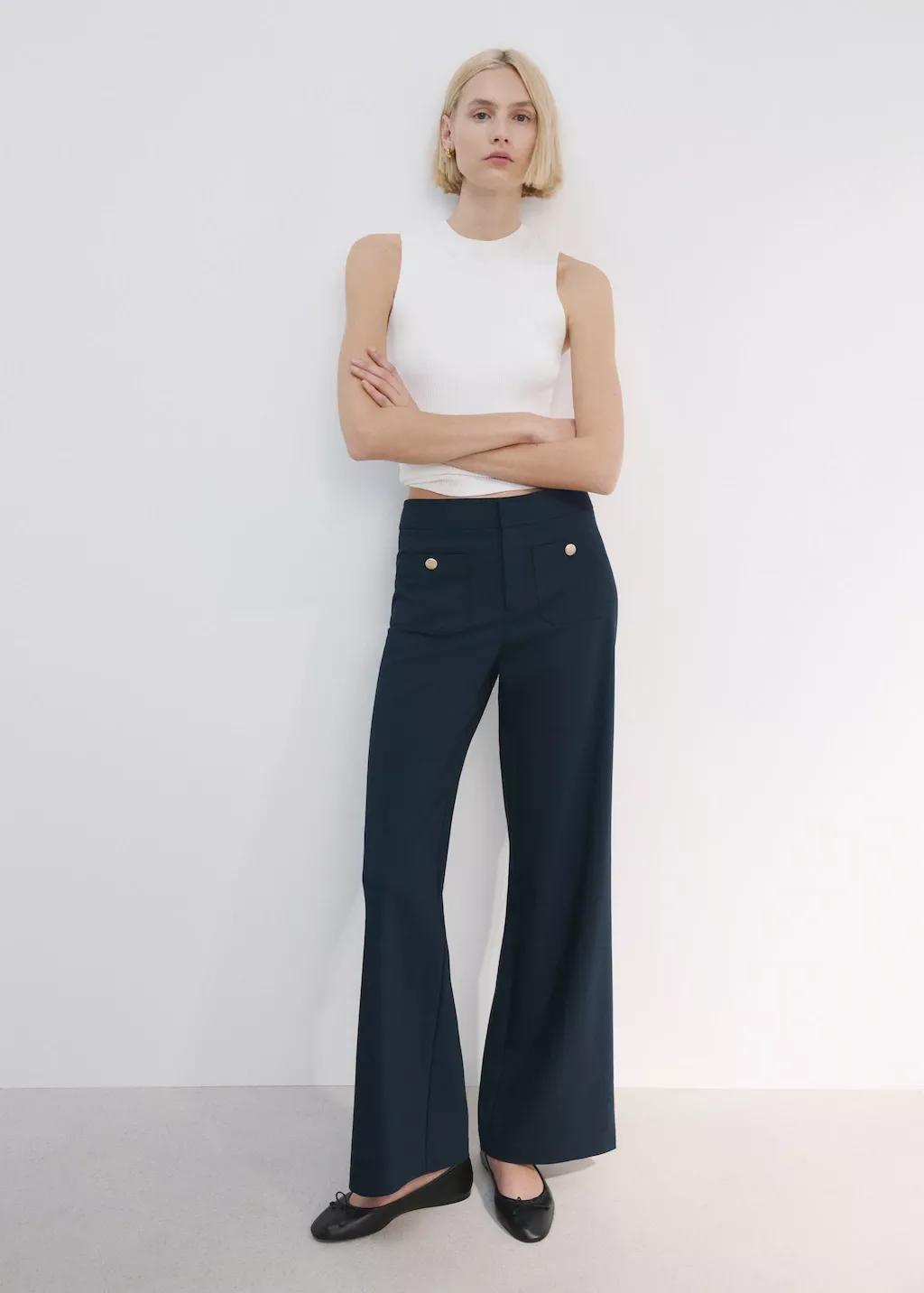 Navy Straight Trousers With Jewel Buttons, Navy, large image number 0