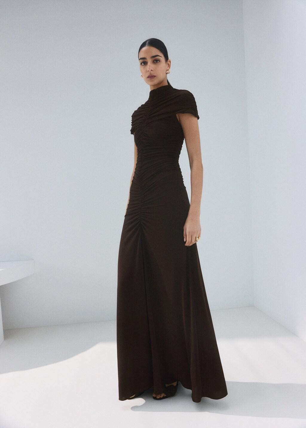 Brown Flared Dress With Gathered Body, Brown, medium