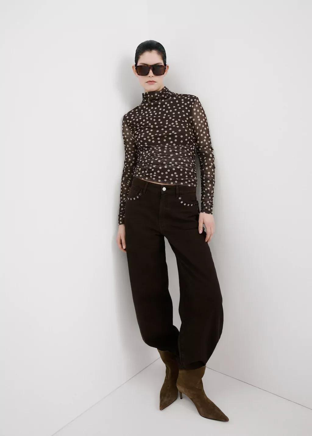 Brown Ruched Polka Dot T-Shirt, Brown, medium