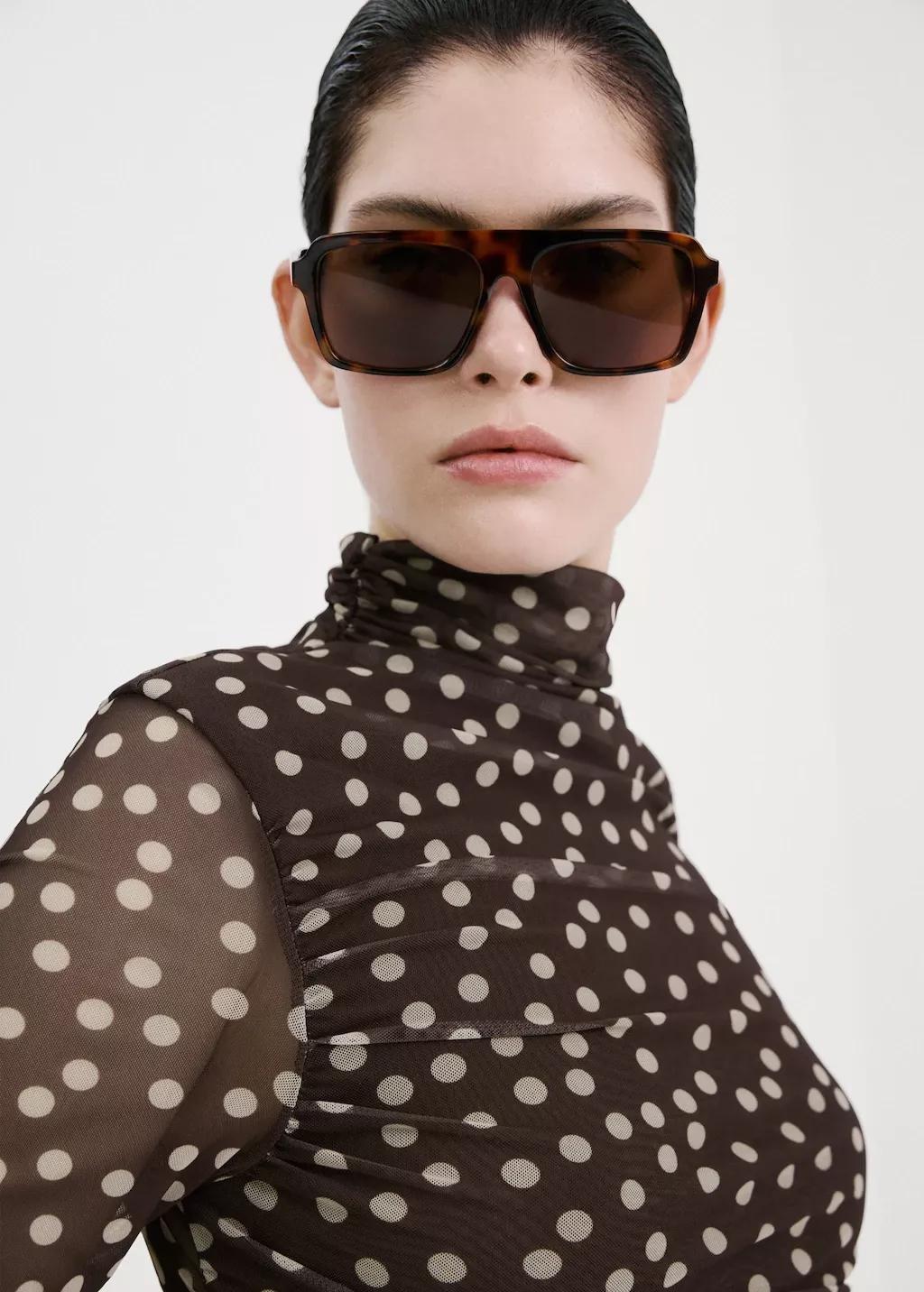Brown Ruched Polka Dot T-Shirt, Brown, medium