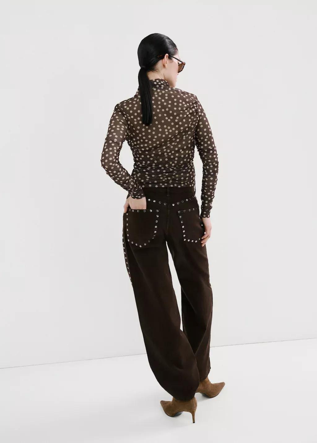 Brown Ruched Polka Dot T-Shirt, Brown, medium