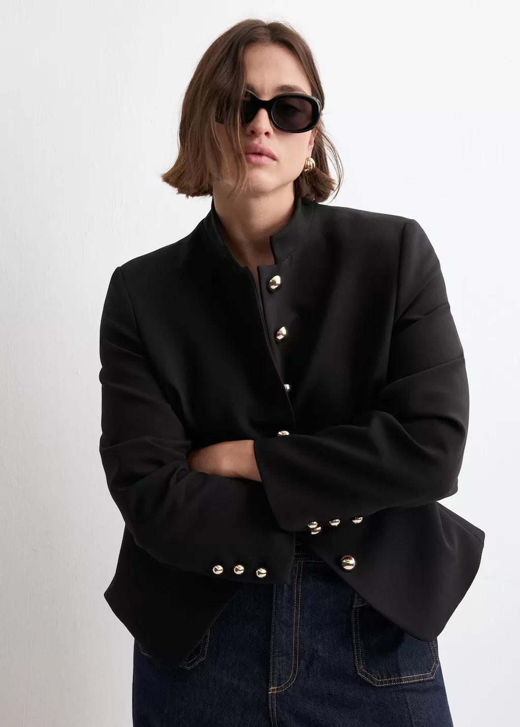 Black Jacket With Jewel-Button Strip Collar, Black, large image number 5