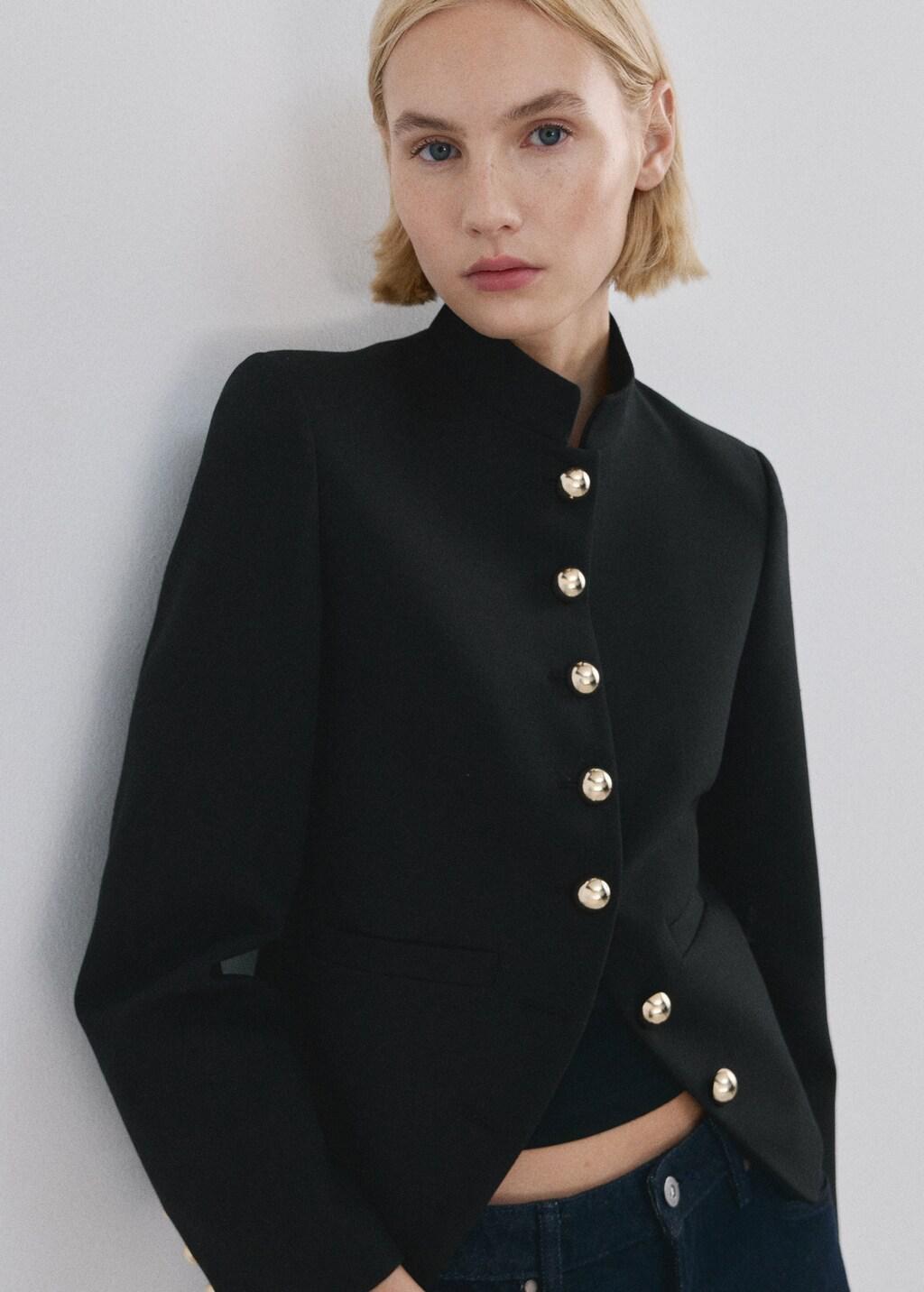 Black Jacket With Jewel-Button Strip Collar, Black, large image number 6