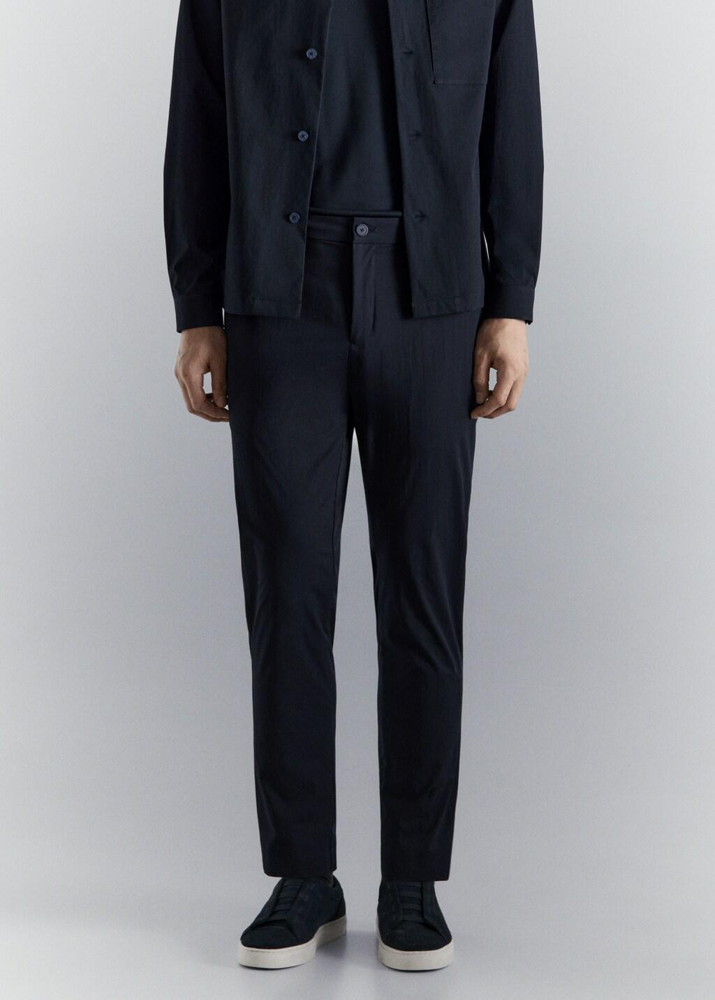 Navy Stretch Fabric Slim-Fit Trousers With Drawstring, Navy, large image number 3