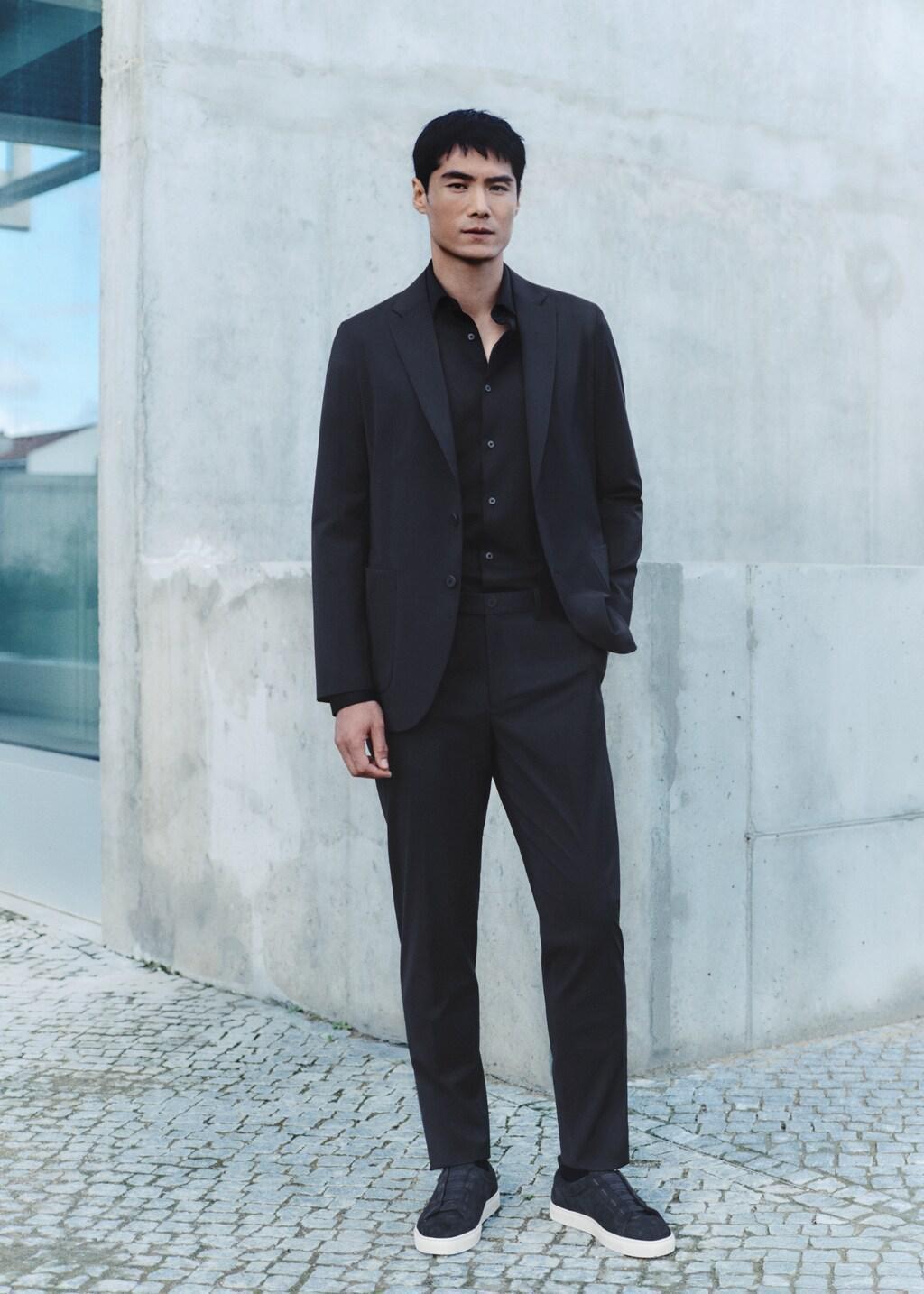 Navy Stretch Fabric Slim-Fit Trousers With Drawstring, Navy, large image number 5