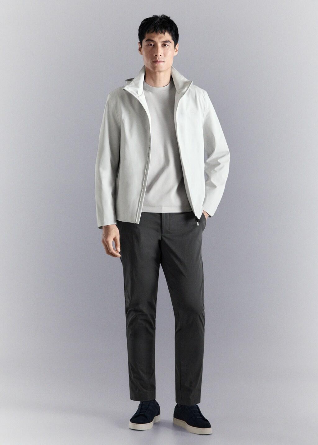 Grey Stretch Fabric Slim-Fit Trousers With Drawstring, Dark Grey, large image number 0