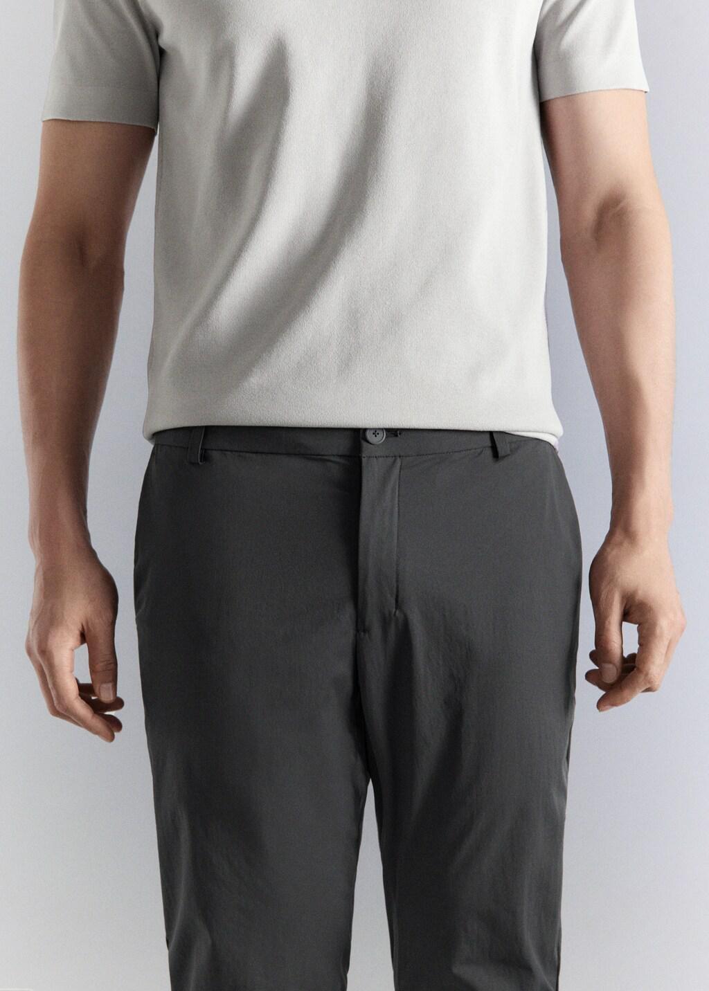 Grey Stretch Fabric Slim-Fit Trousers With Drawstring, Dark Grey, large image number 4