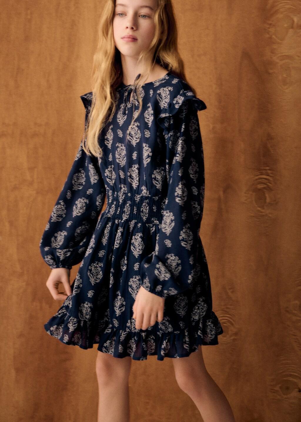 Navy Ruffled Printed Dress, Kids Girls, Navy, large image number 3