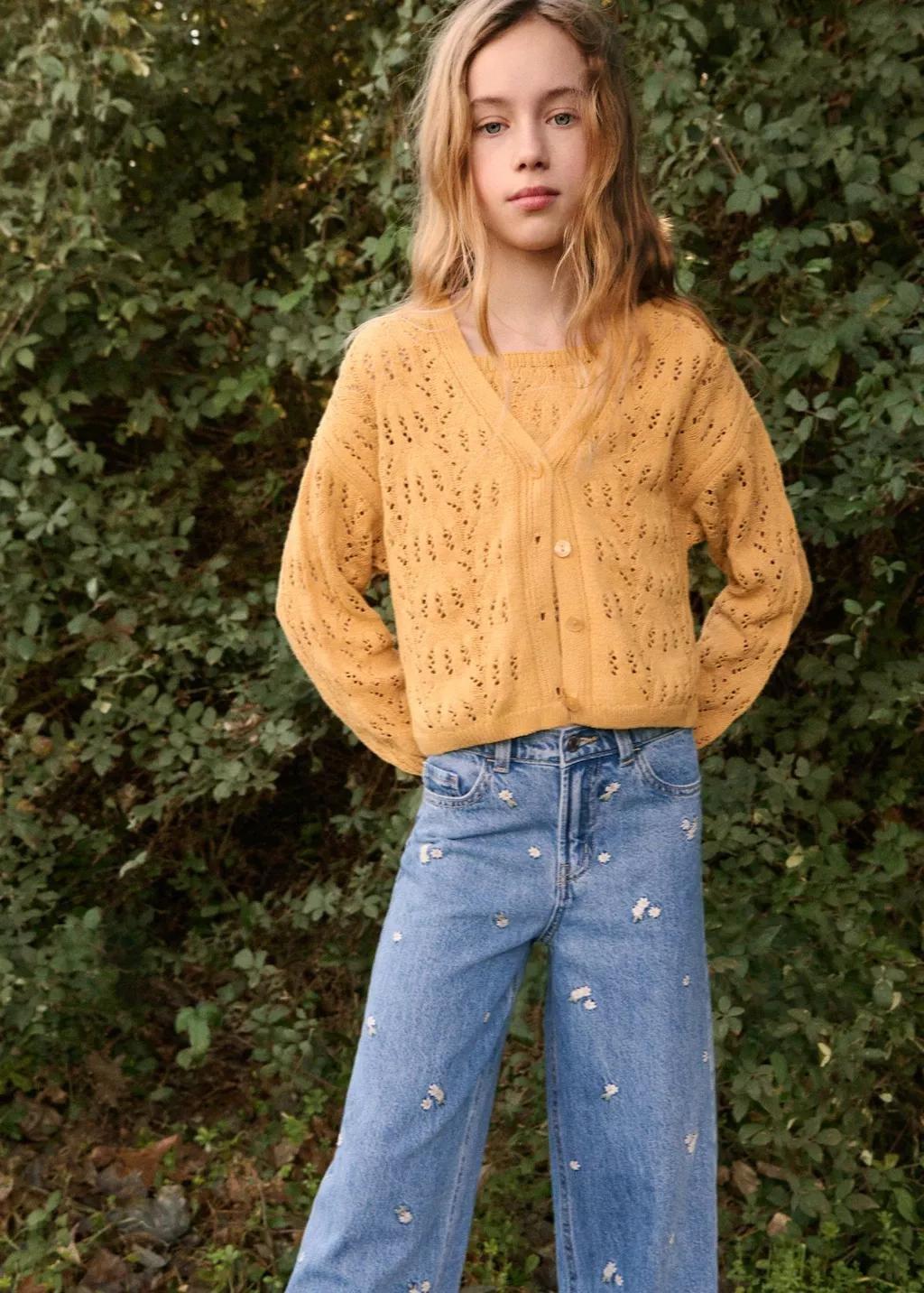 Yellow Openwork Knit Cardigan, Kids Girls, Medium Yellow, large image number 3