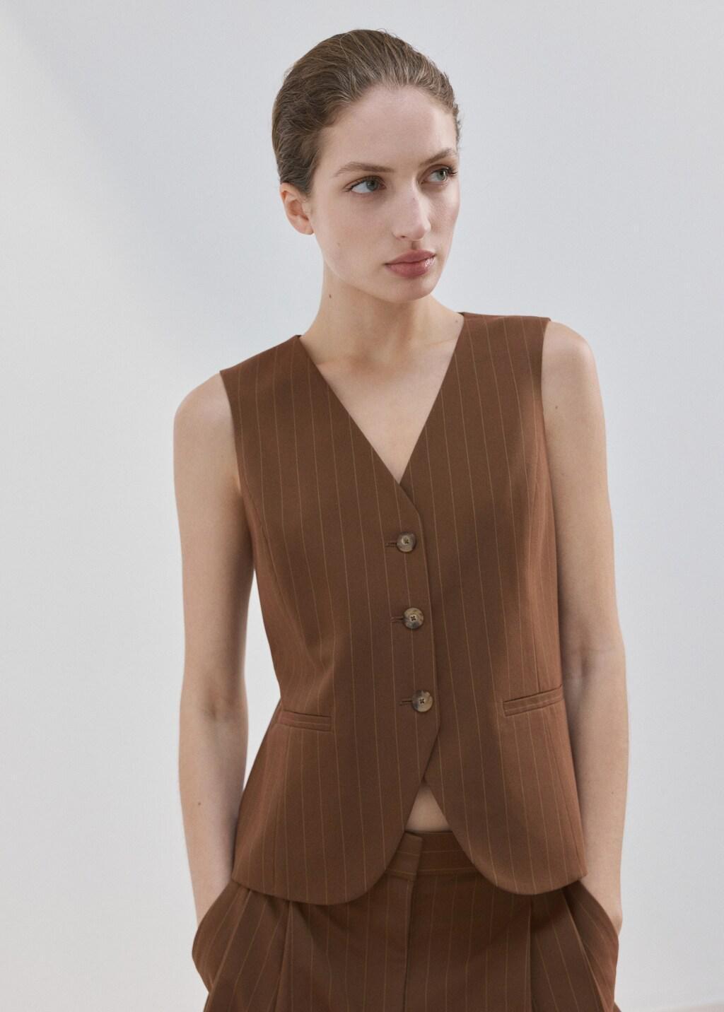 Brown Pinstriped Suit Waistcoat, Dark Brown, large image number 3