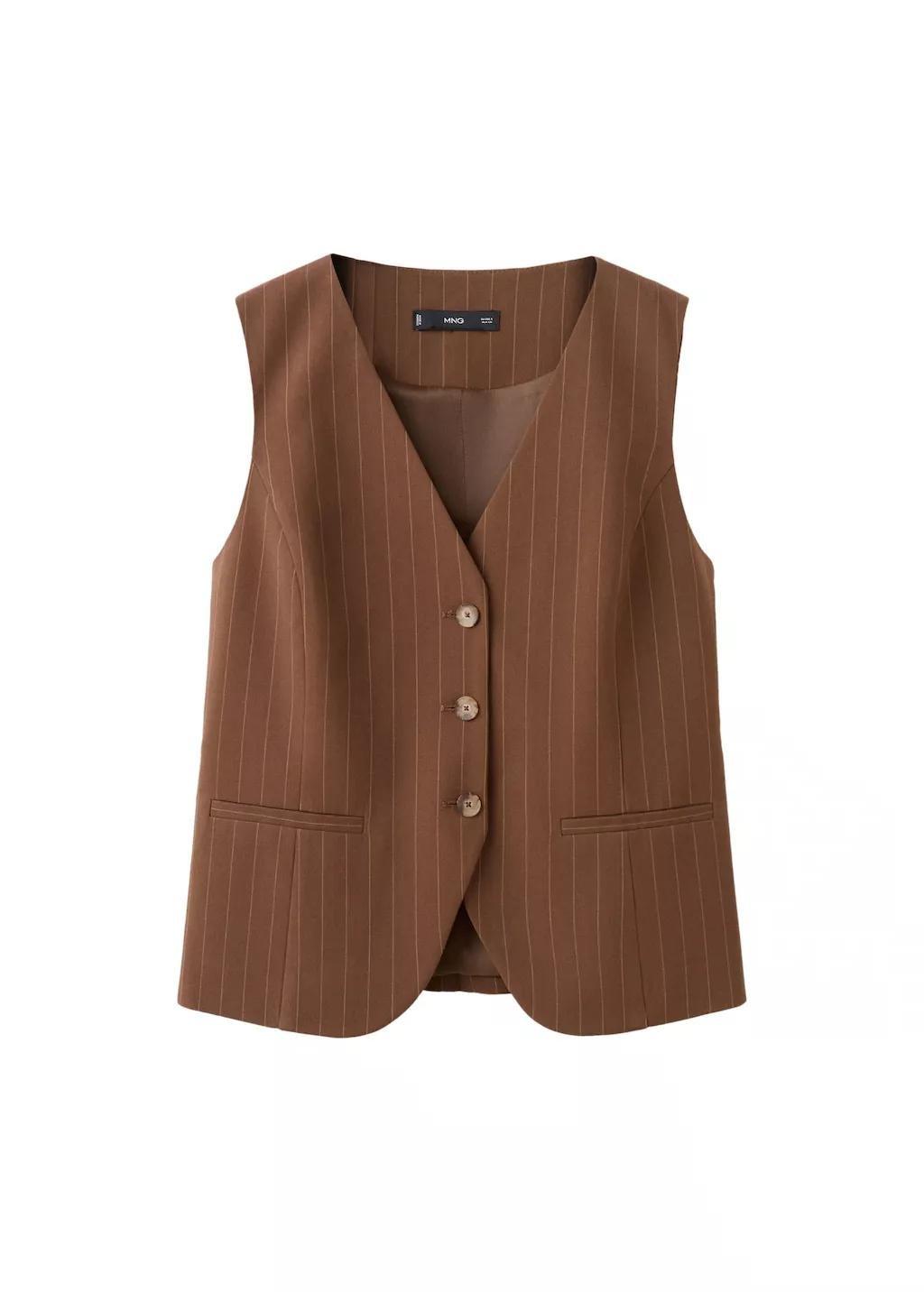 Brown Pinstriped Suit Waistcoat, Dark Brown, large image number 5
