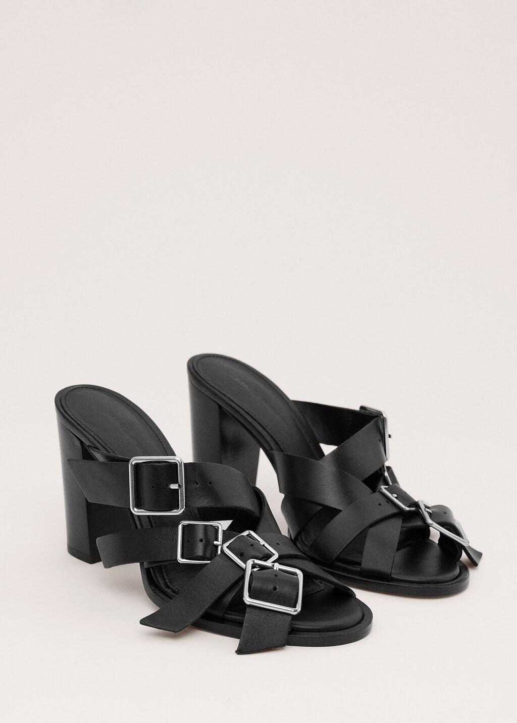 BLACK Leather strap sandals with buckles, Black, large image number 1