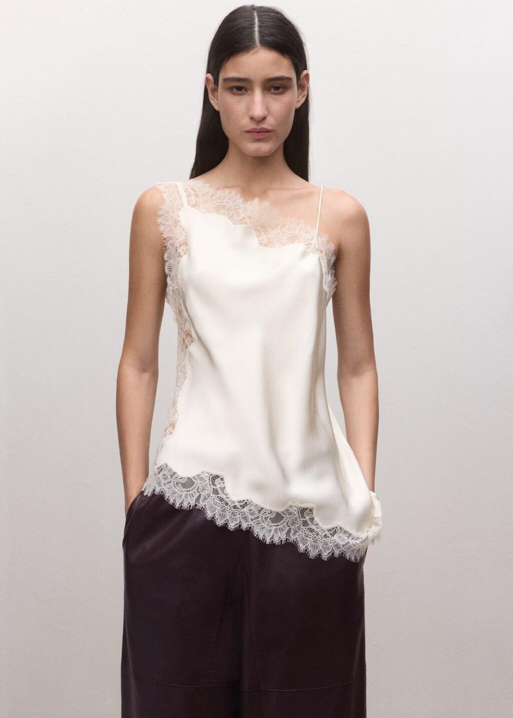 Beige Asymmetric Satin Lace Top, Light Beige, large image number 3