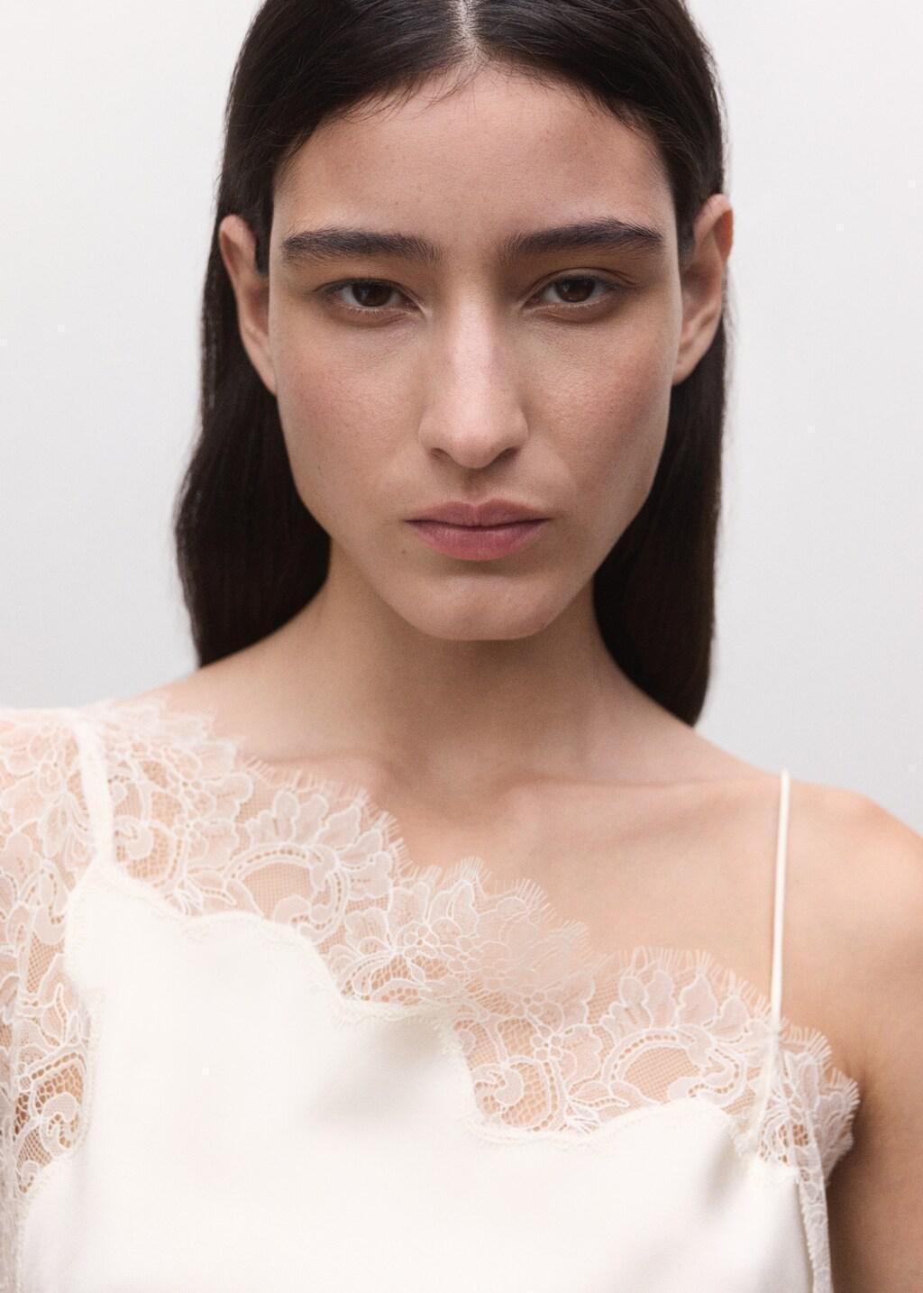 Beige Asymmetric Satin Lace Top, Light Beige, large image number 4