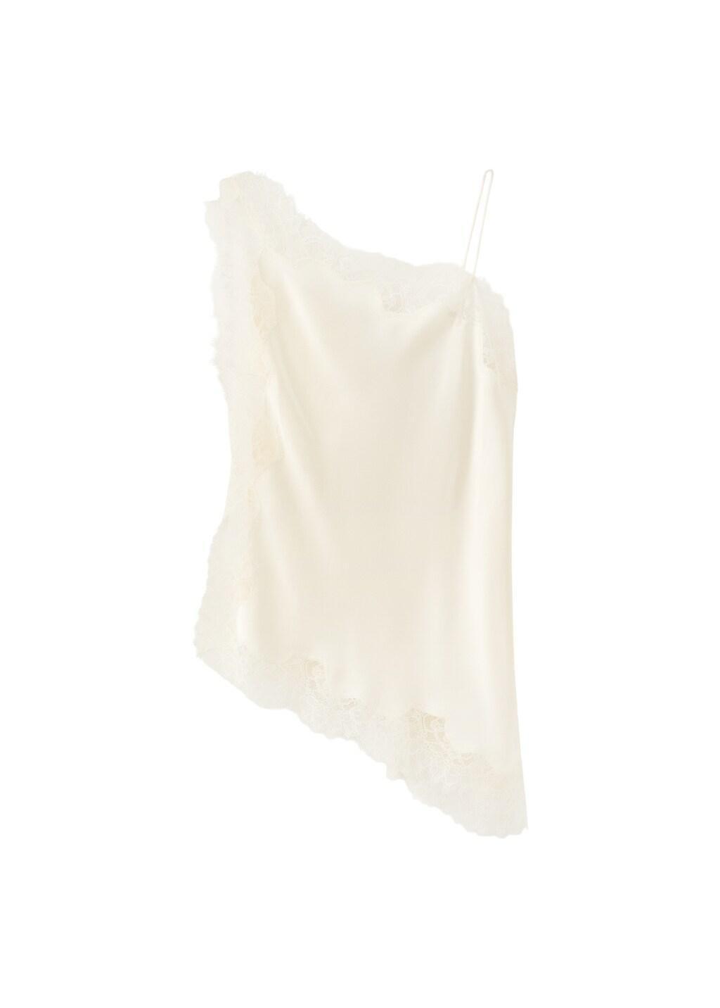 Beige Asymmetric Satin Lace Top, Light Beige, large image number 6