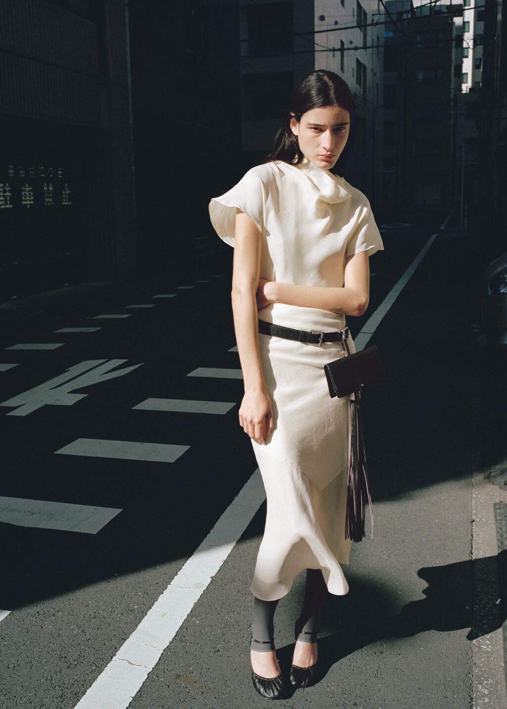 Beige Lyocell Dress With Scarf Detail, Light Beige, large image number 4