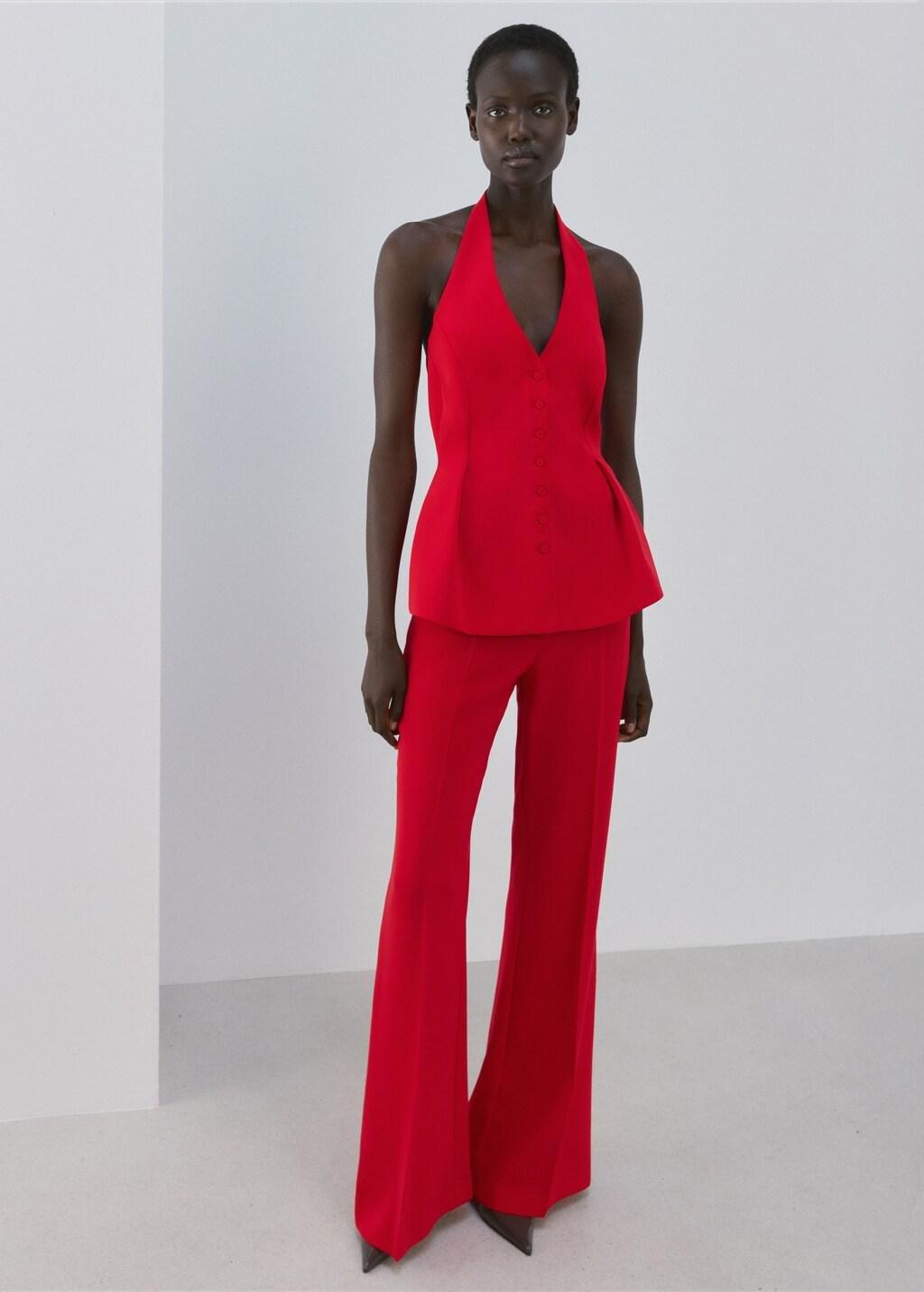 Red Peplum Top With Halter Neck, Red, medium