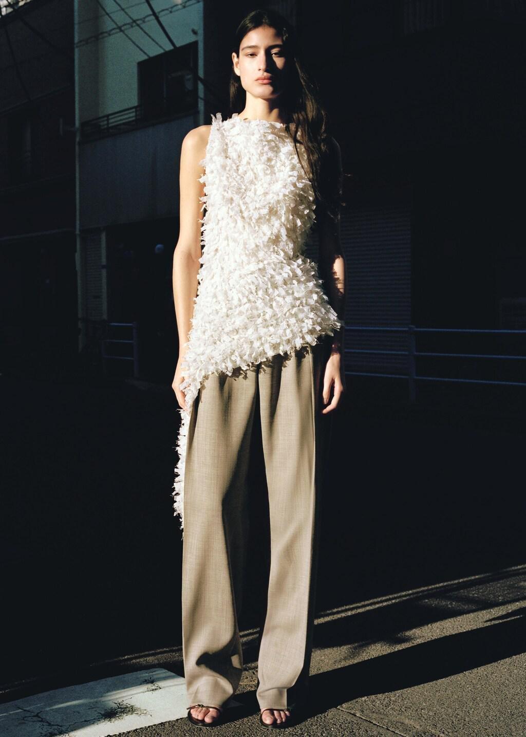 Cream Asymmetrical Textured Top, Natural White, large image number 0