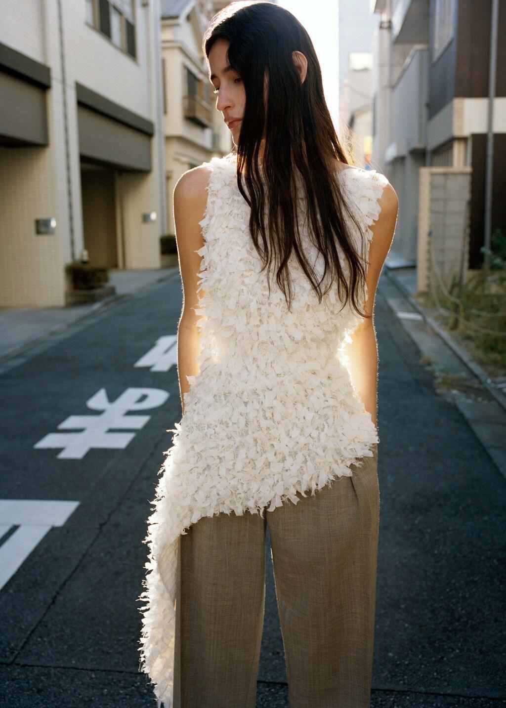 Cream Asymmetrical Textured Top, Natural White, large image number 3