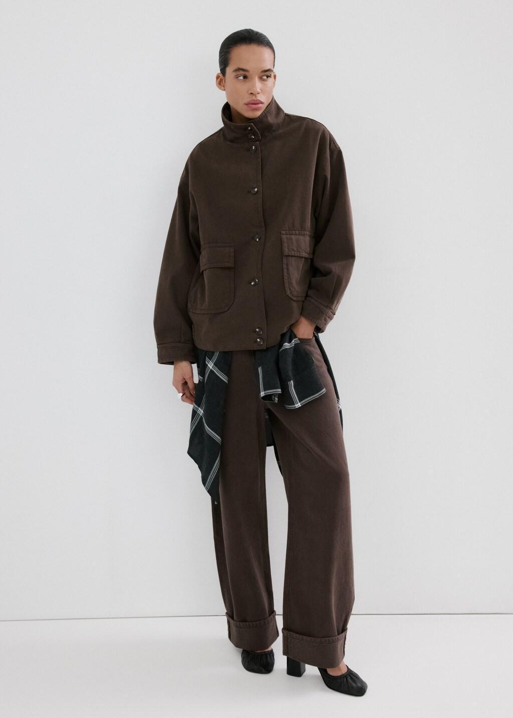 Brown Oversized Denim Parka With Pockets, Dark Brown, medium