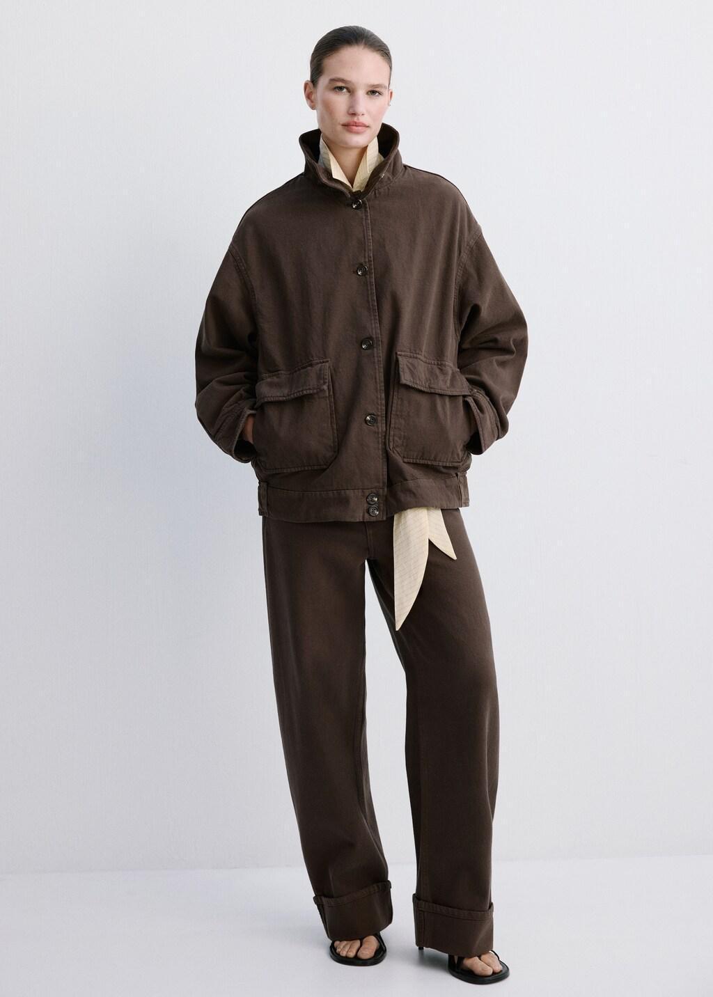 Brown Oversized Denim Parka With Pockets, Dark Brown, medium