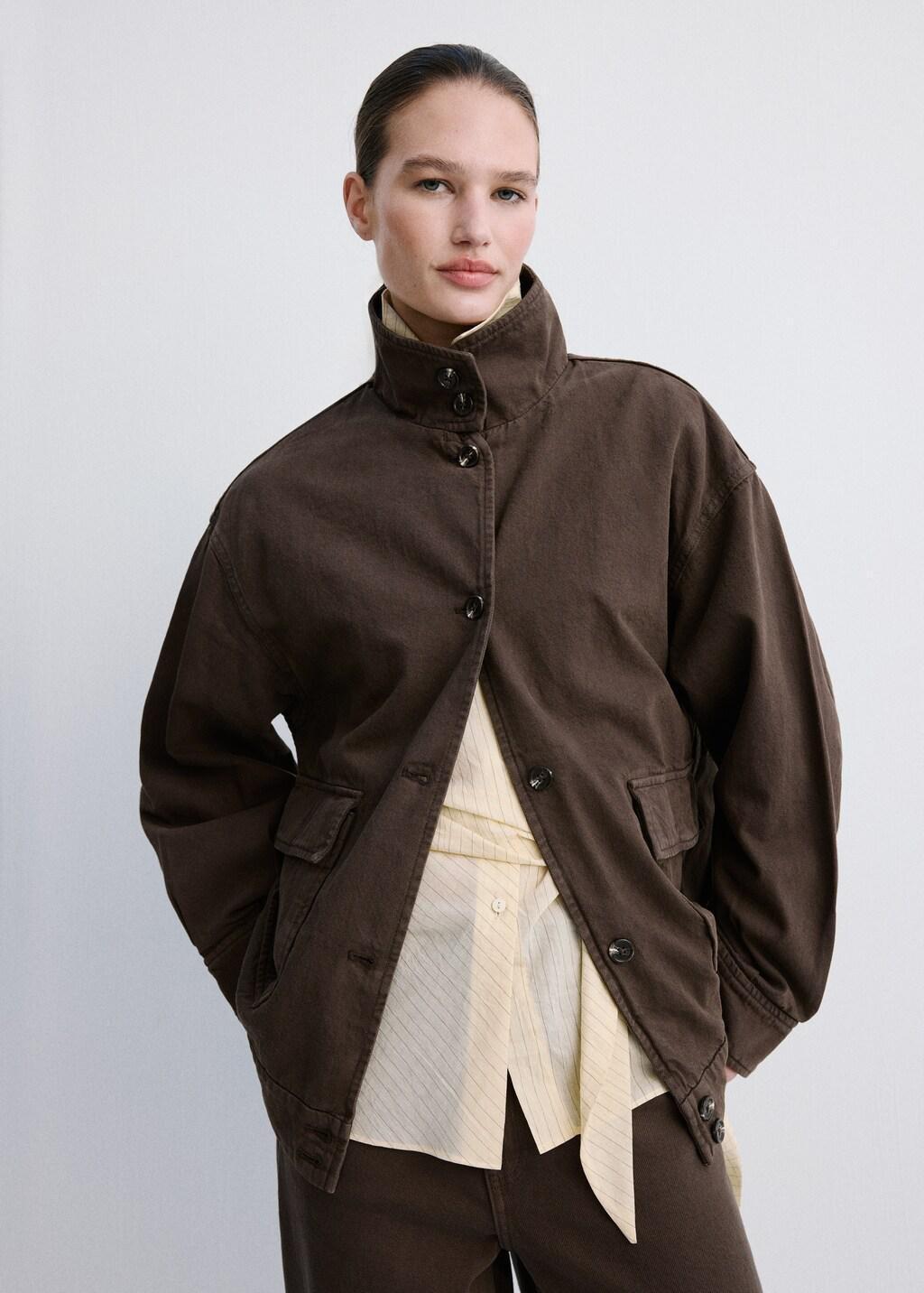 Brown Oversized Denim Parka With Pockets, Dark Brown, large image number 3