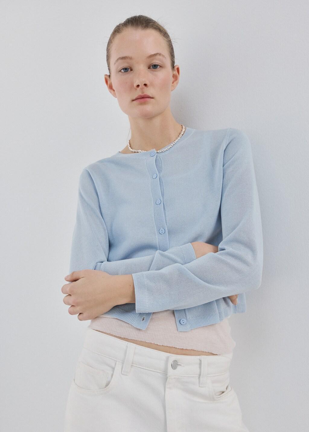 Blue Lt Pastel Fine-Knit Straight-Fit Cardigan, Light-Pastel Blue, large image number 3