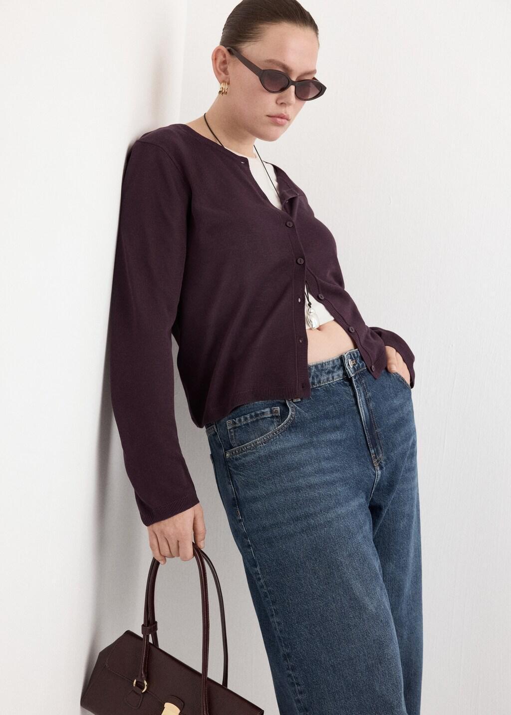 Red Fine-Knit Straight-Fit Cardigan, Dark Red, large image number 5